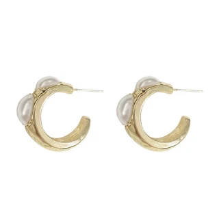 【INES】韓國設計925銀針法式金屬厚C圈珍珠耳環