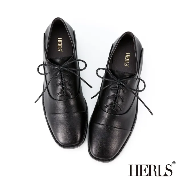 【HERLS】牛津鞋-率性全真皮拼接方頭牛津鞋(黑色)