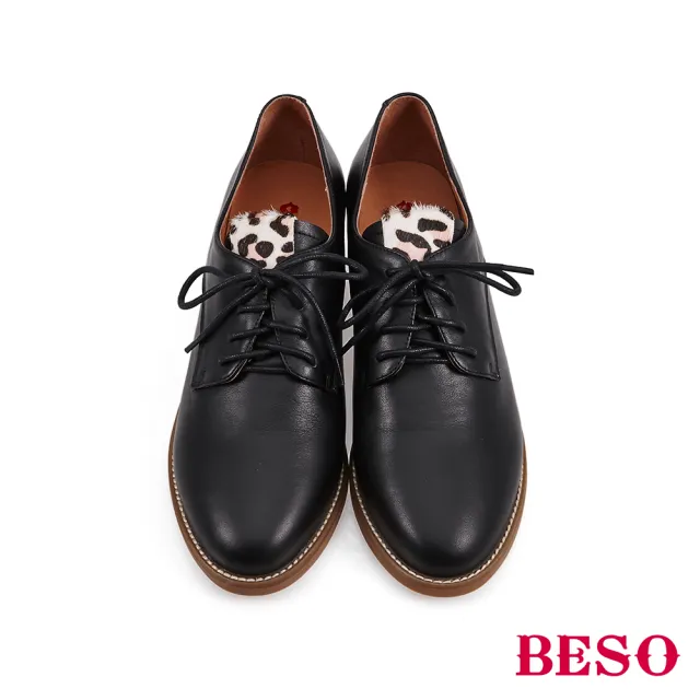 【A.S.O 阿瘦集團】BESO 柔軟牛皮拼接粉色豹紋中跟牛津鞋(黑)