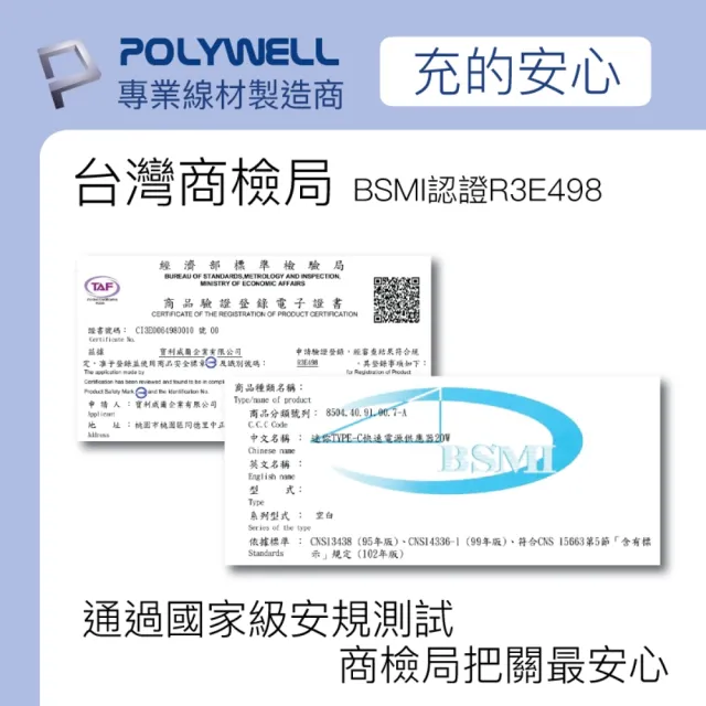 【POLYWELL】20W雙孔快充組 Type-A/C充電器+Type-C 3A快充高速傳輸線 BRAID版 3M(適用於安卓快充設備)