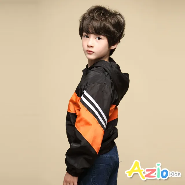 【Azio Kids 美國派】男童 外套  雙白線配色接片搖粒絨內裡連帽防風長袖外套(桔藍綠三色)