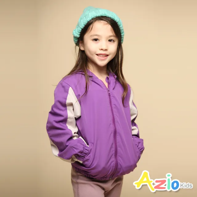 【Azio Kids 美國派】女童 外套 接袖配色搖粒絨內裡連帽防風長袖外套(紫粉二色)