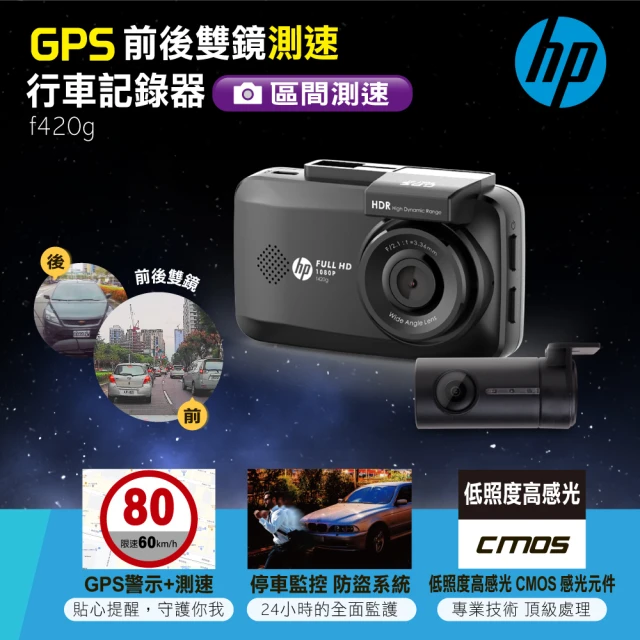 【HP 惠普】前後雙鏡GPS測速行車記錄器(f420g Kit)