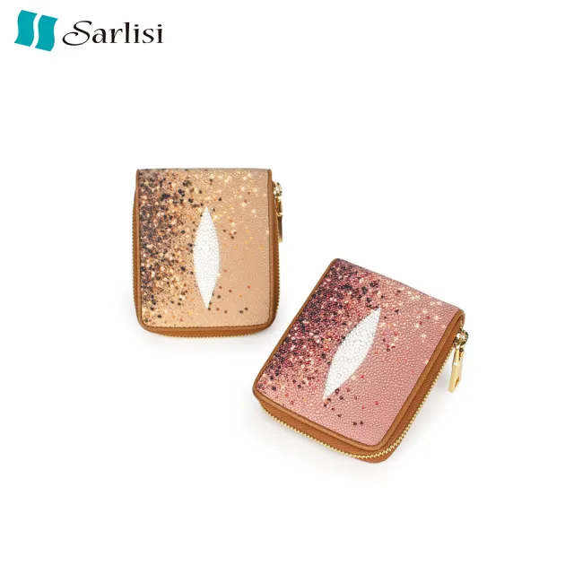 【Sarlisi】泰國進口新款真皮零錢包珍珠魚皮錢包女式短款拉鏈短夾小眾手拿包