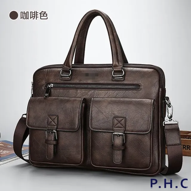【PHC】商務休閒時尚多口袋單肩斜背手提包(現+預  黑色 / 棕色 / 咖啡色)