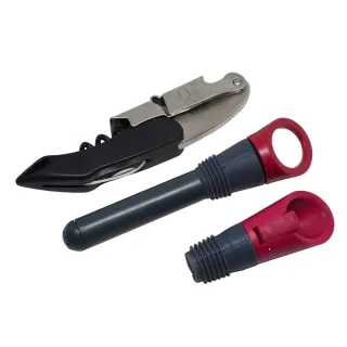 【YU Living 信歐傢居】酒具三件組 開瓶器+倒酒器+酒瓶塞(三件一組/紅黑色)