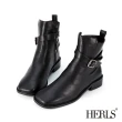 【HERLS】短靴-釦環踝帶造型方頭皮革短靴(黑色)