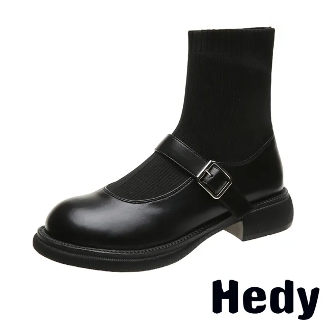 【Hedy】粗跟短靴 一字短靴/百搭復古襪套拼接一字釦帶造型粗跟短靴(黑)