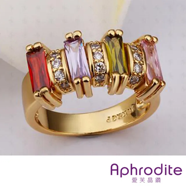 【Aphrodite 愛芙晶鑽】幾何彩色方晶鋯石美鑽造型戒指(黃金色)