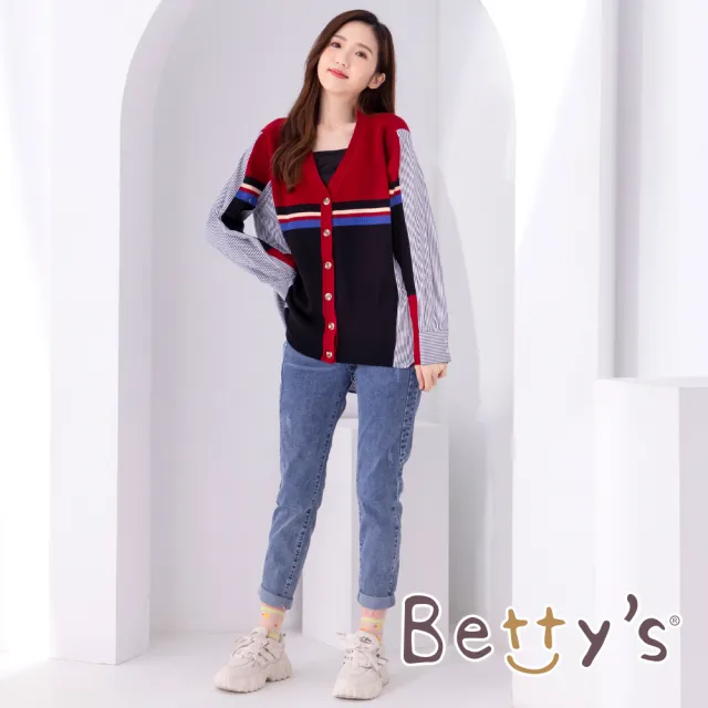 【betty’s 貝蒂思】開扣條紋後拼接針織罩衫(紅色)