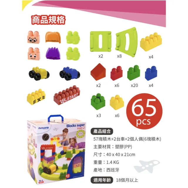 【Miniland】西班牙益智大積木賽車軌道組(65PCS)