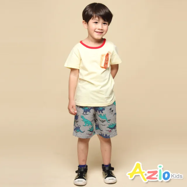 【Azio Kids 美國派】男童 短褲 滿版恐龍椰子樹印花棉質休閒運動短褲(灰)