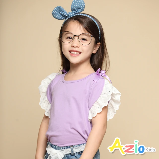 Azio Kids 美國派 女童 上衣 肩蝴蝶結蕾絲荷葉短袖上衣(紫)