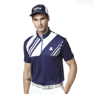 【Lynx Golf】男款吸濕排汗合身版斜紋印花山貓織標短袖立領POLO衫/高爾夫球衫(深藍色)