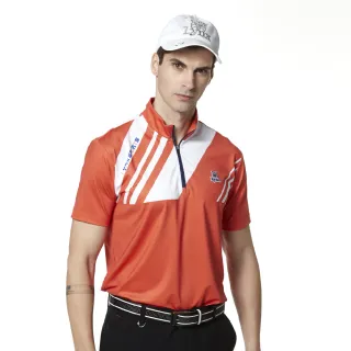 【Lynx Golf】男款吸濕排汗合身版斜紋印花山貓織標短袖立領POLO衫/高爾夫球衫(橘色)