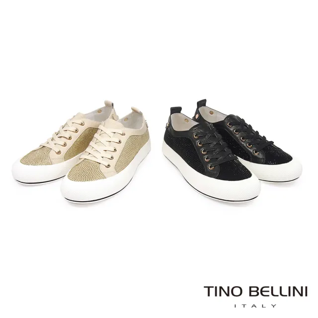 【TINO BELLINI 貝里尼】閃耀晶鑽羊皮拼接平底休閒鞋L0O0011(黑)