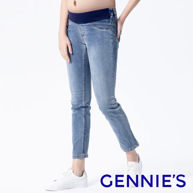 【Gennies 奇妮】率性刷色直筒牛仔褲-藍(孕婦褲 長褲 寬管 雙口袋 彈力羅紋 中腰褲頭)