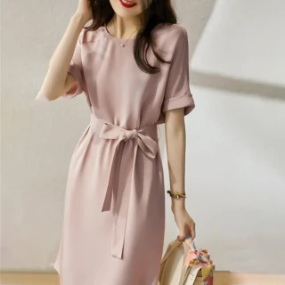 【初色】氣質收腰純色雪紡連身裙洋裝-粉紅色-98708(M-2XL可選)