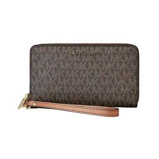 【Michael Kors】MICHAEL KORS金字LOGO印花PVC拉鍊手機長夾包(棕褐)