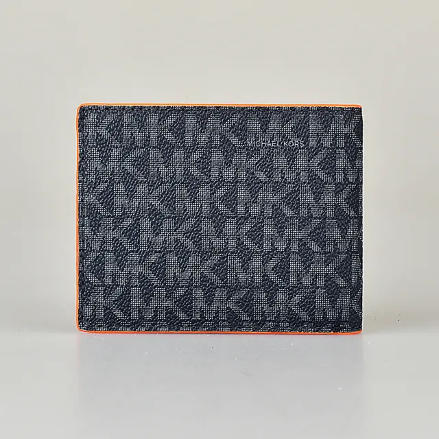 【Michael Kors】MICHAEL KORS COOPER SLIM BILLFOLD銀字LOGO印花PVC對折短夾(藍黑x霓虹橘)