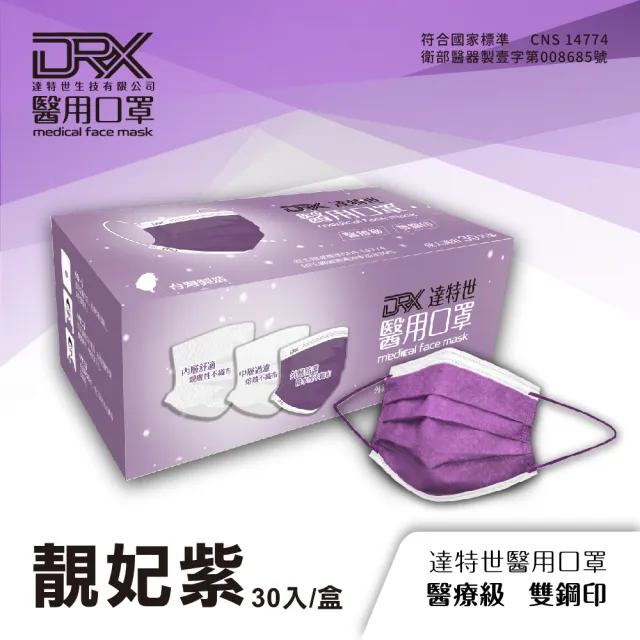 【DRX達特世】醫用口罩成人平面(靚妃紫30片/盒)