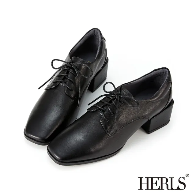 【HERLS】牛津鞋-全真皮方頭素面粗跟德比鞋牛津鞋(黑色)