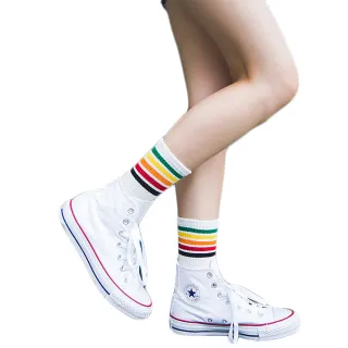 【OT SHOP】女款棉質素色街頭風格彩虹條紋中筒襪 M1133(春夏潮流配件 個性 運動襪 情侶襪)