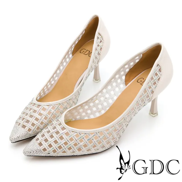 【GDC】璀璨之星小香風格紋水鑽簍空尖頭晚宴新娘中跟鞋-米色(114875-10)