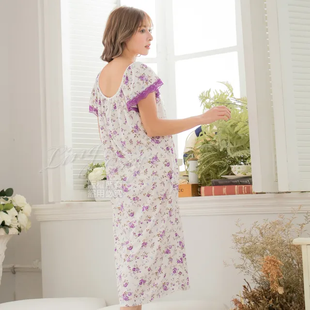 【lingling】PA3403全尺碼-牛奶絲花朵短袖長版連身裙睡衣(亮眼紫)