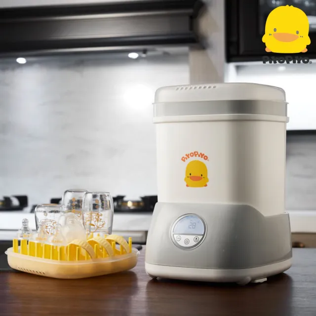 【Piyo Piyo 黃色小鴨】蒸氣消毒鍋+溫奶器+寬口玻璃奶瓶（180*2+280*4）+奶瓶刷*1