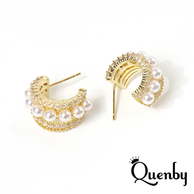 【Quenby】925純銀 C形鋯石珍珠氣質風耳環/耳針(耳環/配件/交換禮物)