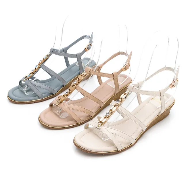 【GDC】真皮幻彩寶石水鑽編織羅馬風楔型涼鞋-粉色(113401-13)