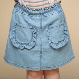 【Azio Kids 美國派】女童 短裙 木耳邊雙口袋牛仔短裙含安全褲(藍)
