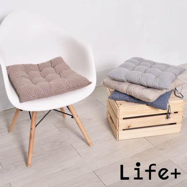 【Life+】日系無印風 棉麻格紋透氣坐墊 椅墊 靠墊(買一送一)