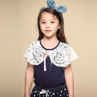 【Azio Kids 美國派】女童 上衣 領口蕾絲造型蝴蝶結短袖上衣(藍)