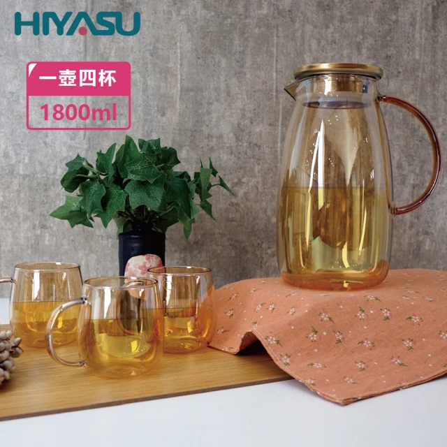 HIYASU 日安工坊 香檳金耐熱玻璃冷水壺組1800ml(防爆加厚 耐熱耐冷)