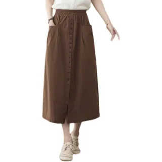 【ACheter】大口袋單排扣開衩寬鬆鬆緊高腰顯瘦棉質長裙#110045(2款任選)