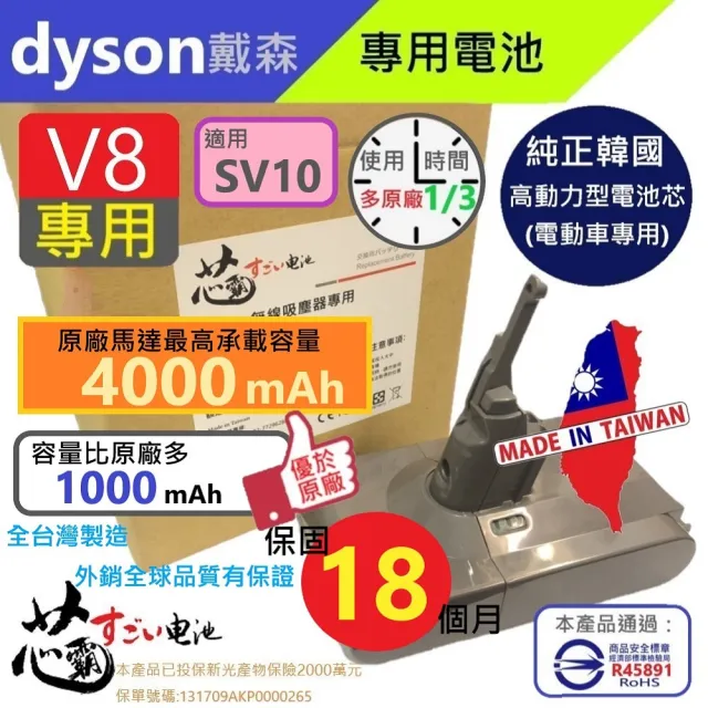 【芯霸電池】Dyson 戴森 V8 4000mAh V7 SV10 SV11  吸塵器專用台灣製造電池 內附好禮(全台製)