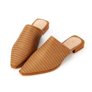 【HERLS】穆勒鞋-全真皮編織尖頭低跟穆勒鞋拖鞋(棕色)