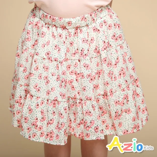 【Azio Kids 美國派】女童 短裙 滿版點點小花印花三層接片短裙(白)