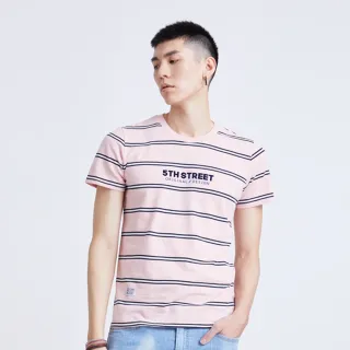 【5th STREET】中性條紋LOGO短袖T恤-粉紅