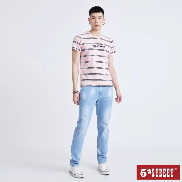 【5th STREET】雙11 中性 短袖 短t 上衣 t恤 TEE logo 條紋 棉質 粉紅(570863)