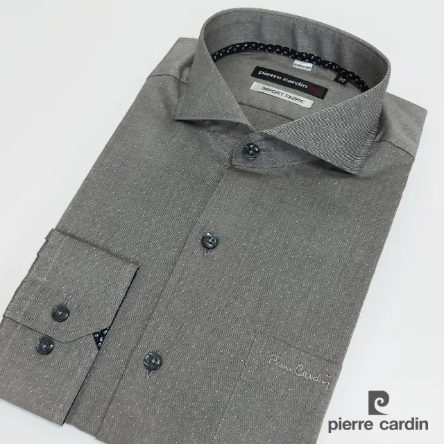 【pierre cardin 皮爾卡登】男襯衫 進口素材合身版純棉素色斜紋織花長袖襯衫_灰底小點(61811-94)