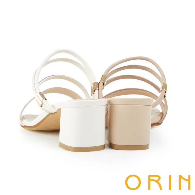【ORIN】金屬斜邊飾條羊皮中跟 女 拖鞋(杏色)
