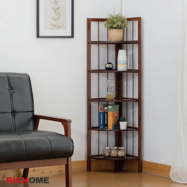 【RICHOME】莉雅123CM30CM楠竹五層角落架/五層架/轉角架/牆角架/置物架/書架/收納櫃(多功能用途)