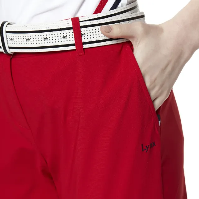 【Lynx Golf】korea 女款口袋織帶設計素面款平口休閒長褲(紅色)