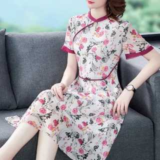 【ALICAI 艾麗彩】紫粉玫瑰墨葉晶飾旗袍領雪紡洋裝(中大尺碼/S-3XL)