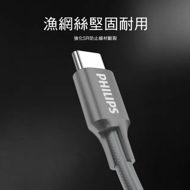 【Philips 飛利浦】Type C to Type C 125cm 手機充電線-灰(DLC4548C)