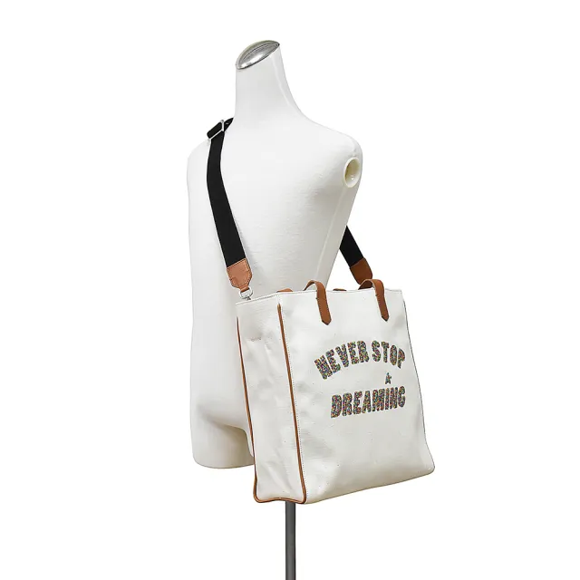 【GOLDEN GOOSE】GOLDEN GOOSE NEVER STOP DREAMING黑字LOGO亮片設計帆布肩背斜背包(米)