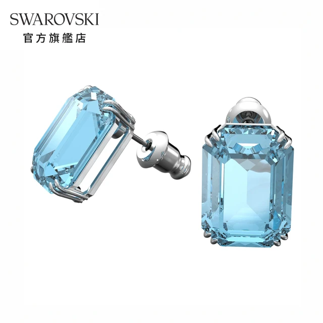 【SWAROVSKI 官方直營】MILLENIA 白金色藍水晶八角形耳釘 交換禮物(Collection II)